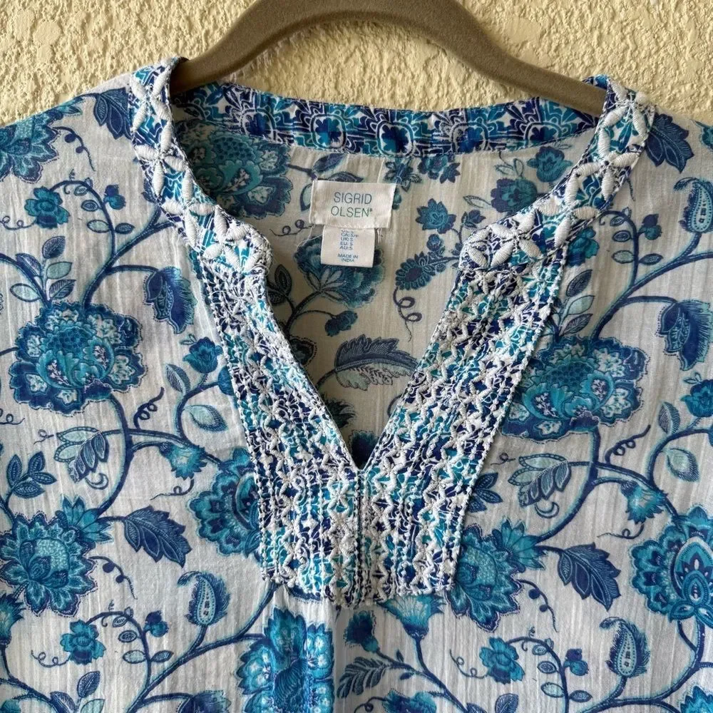 Sigrid Olsen Blue Floral embroidered Tunic Top Crinkle Cotton Boho Sz Small